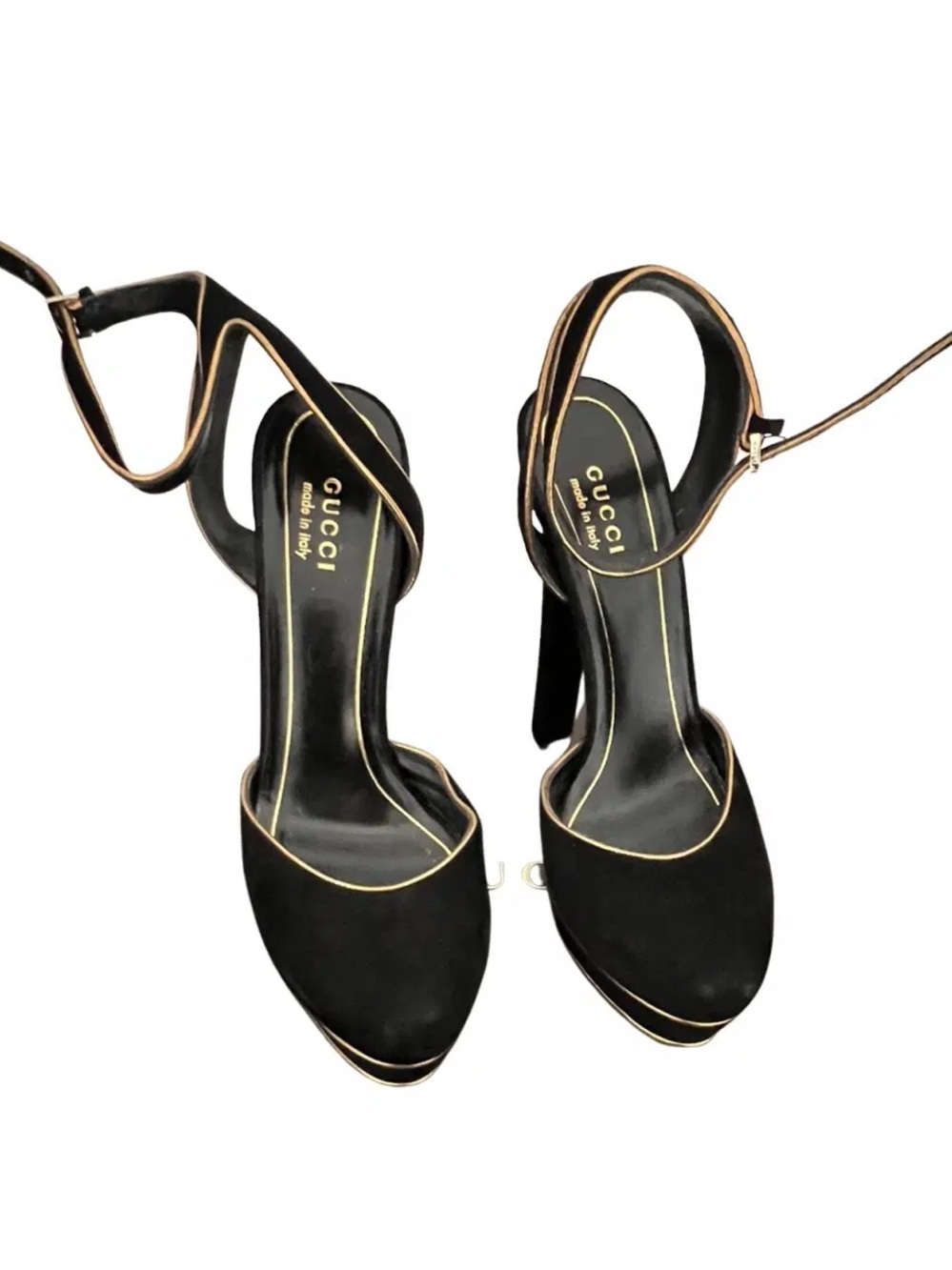 Gucci Black Suede Ankle-Strap Platform Sandals with Gold Trim